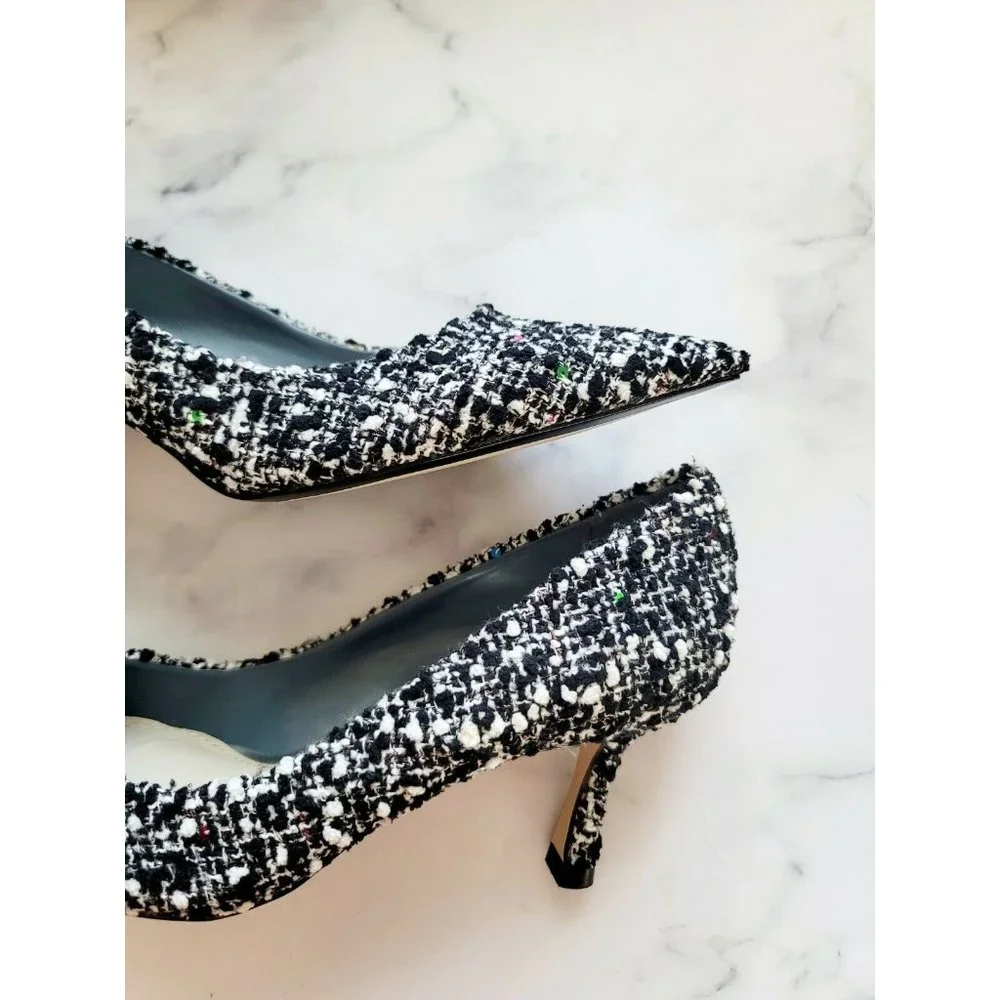 Zara Tweed Sequin Pointed Toe Black White Multicolor Slip On Shoes Heels 37 6.5_3